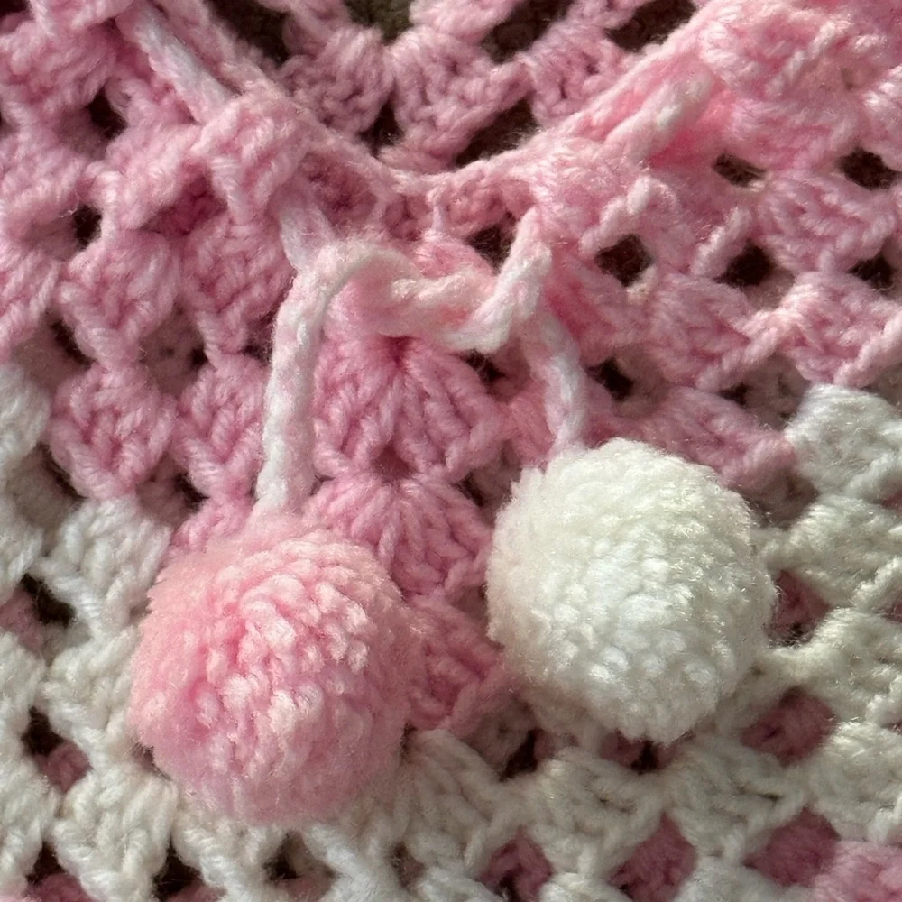 Handmade Pink and White Crochet Kids Poncho